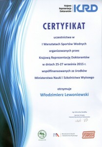 Certyfikat  - Warsztaty Sportów Wodnych dla doktoranów w Olejnicy